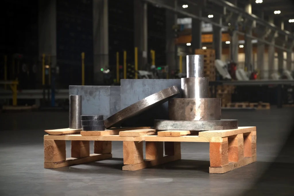 Stalowe walce i cylindry ułożone na drewnianej palecie w hali magazynowej.